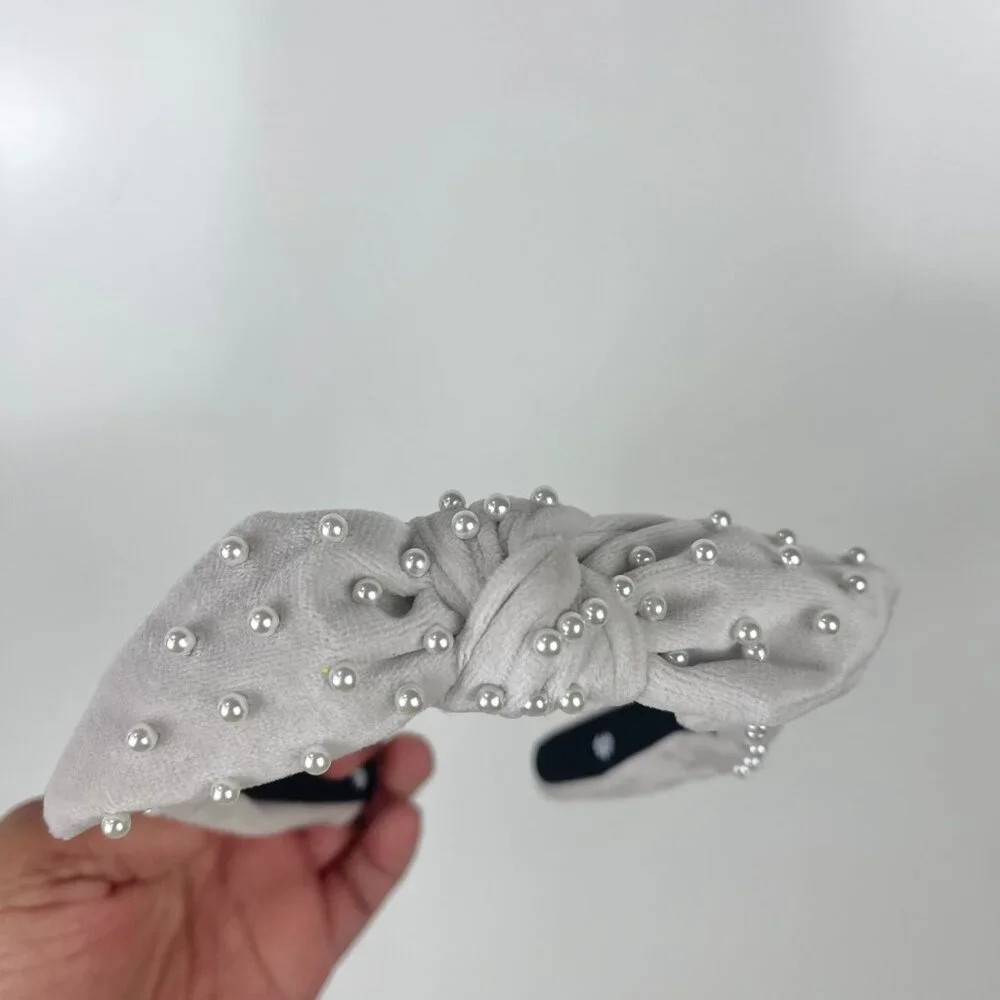 Lele Sadoughi x Crewcuts Grey Velvet Pearl Bow Headband Kids Embellished Preppy